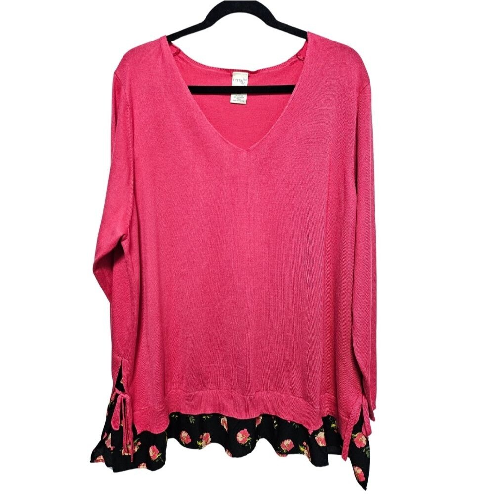Terra & Sky Mixed Media Longline Layered Knit V Neck Blouse Tie Sides Plus Sz 2X